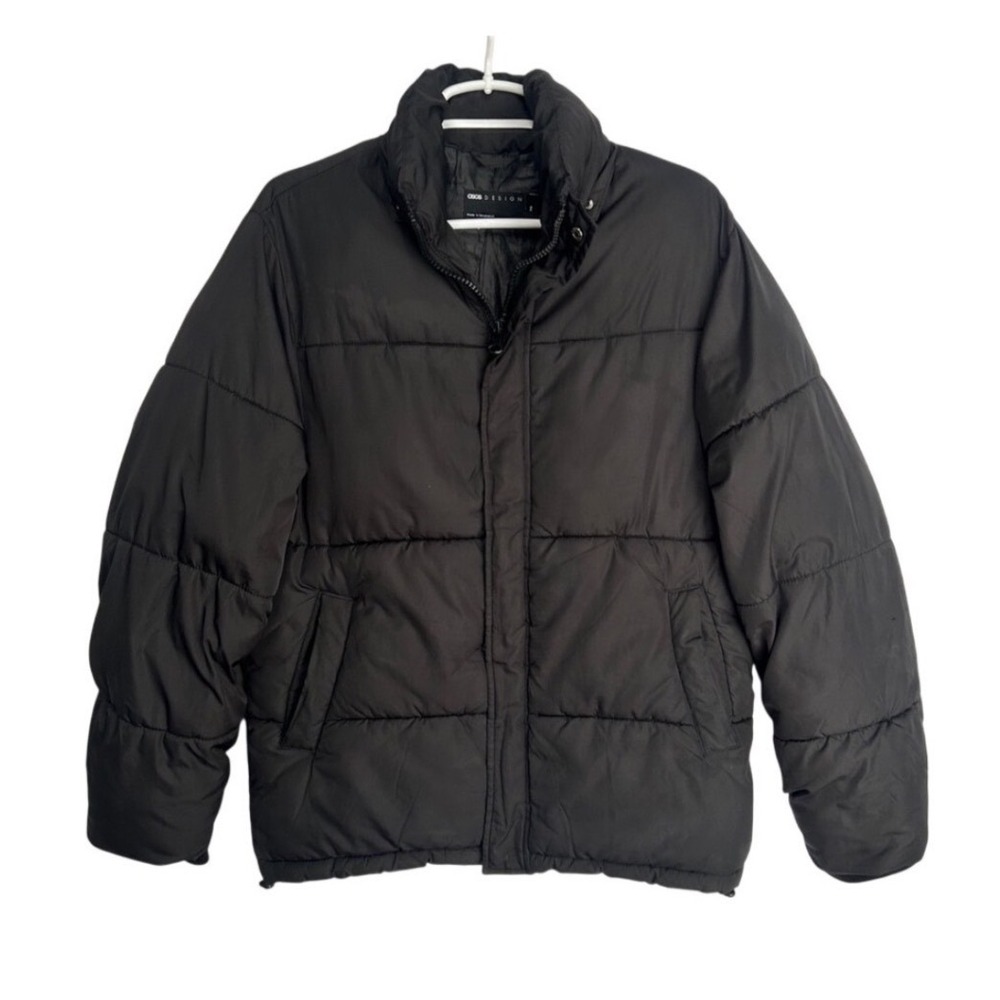 Asos Design Puffer Coat Men XS Youth XL Drawstring Waist Mock Neck Black PTP 36
